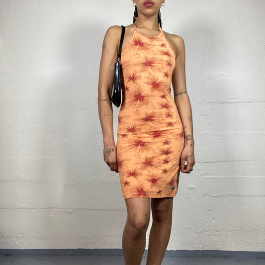 Vintage 2000's Beach Party Peach Orange Mini Neckholder Dress with Flowers Dress (S)
