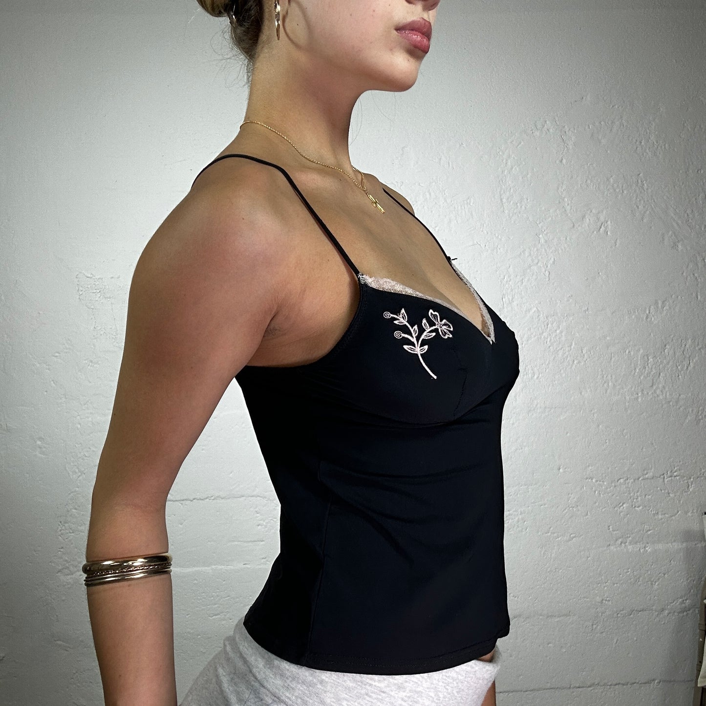 Vintage 2000's adowntown Girl Black Cami Top with Pink Lace Trim and Embroidery Detail (XS)