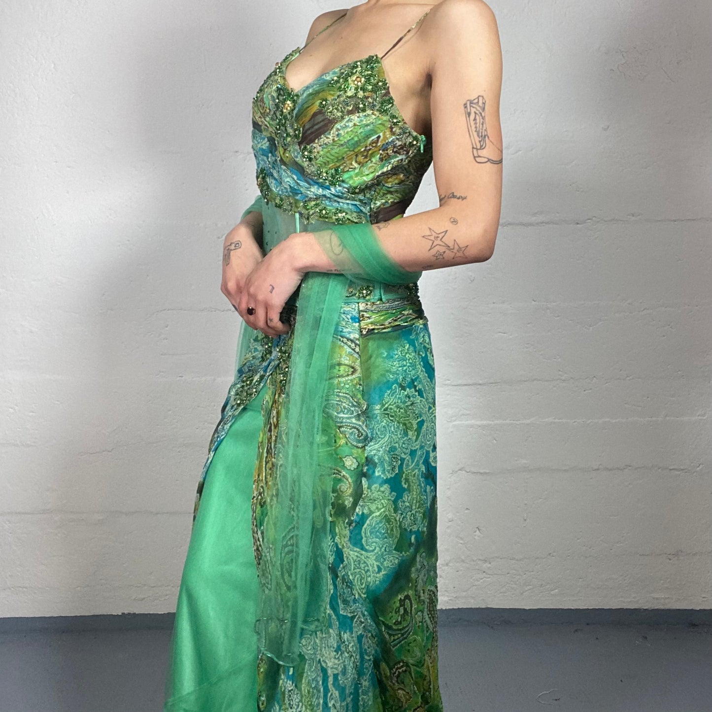 Vintage 2000's Princess Style Maxi Green Printed Silky Shiffon Cami Dress with Sequins Decorations (M)