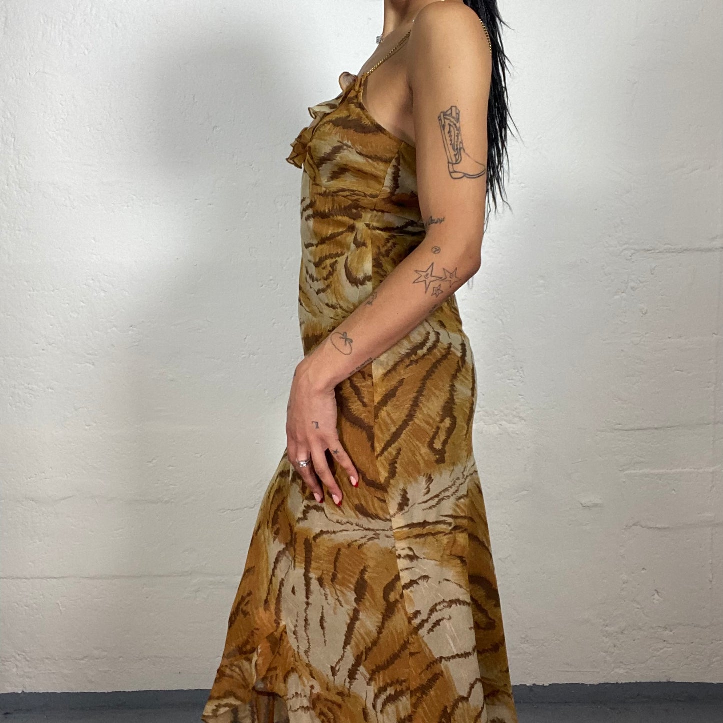 Vintage 2000's Summer Chic Warm Brown and Yellow Toned Maxi Cami Dress with Tiger Print (S)