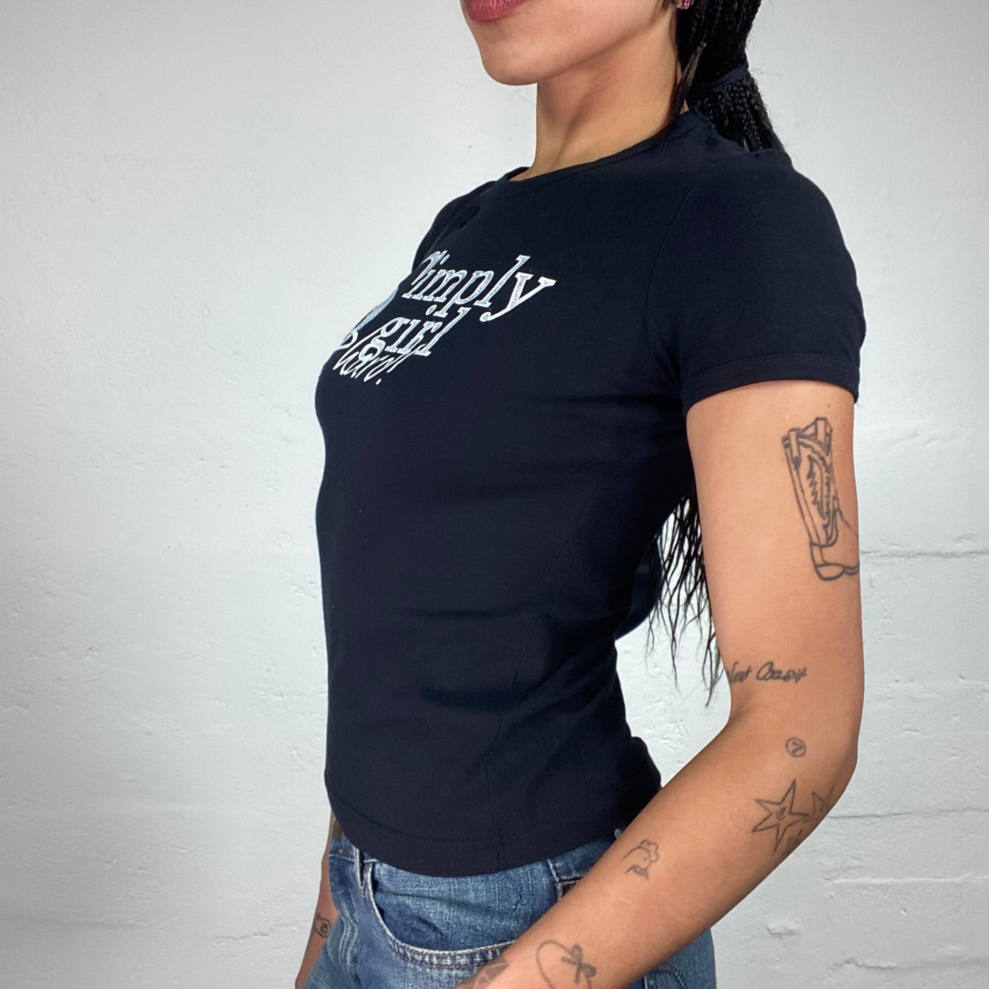 Vintage 2000's Downtown Girl Black Baby Tee with Simply Girl Typography White Print (M)