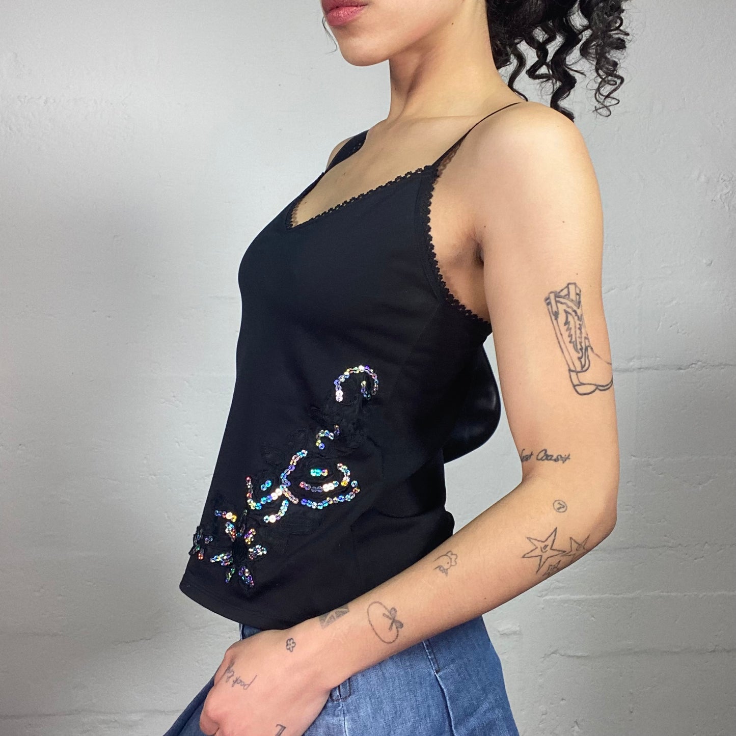 Vintage 2000's Downtown Girl Black Cami Top with Sequins Floral Deco and Crossing Stripes Back (L)