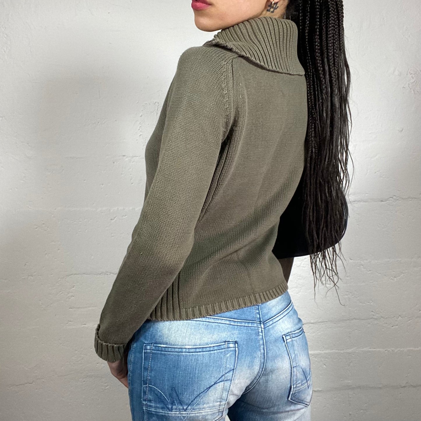 Vintage 2000’s Casual Evening Knitted Faded Green Zip Up Sweater (M)