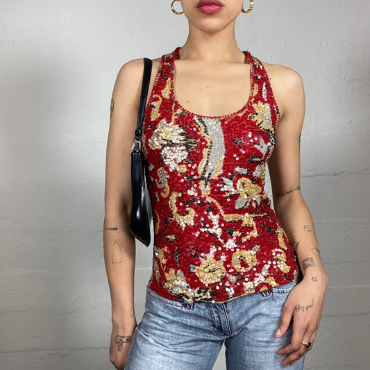 Vintage 2000's Summer Clubwear Red Sequins Covered Tank Top with Floral Pattern (S)