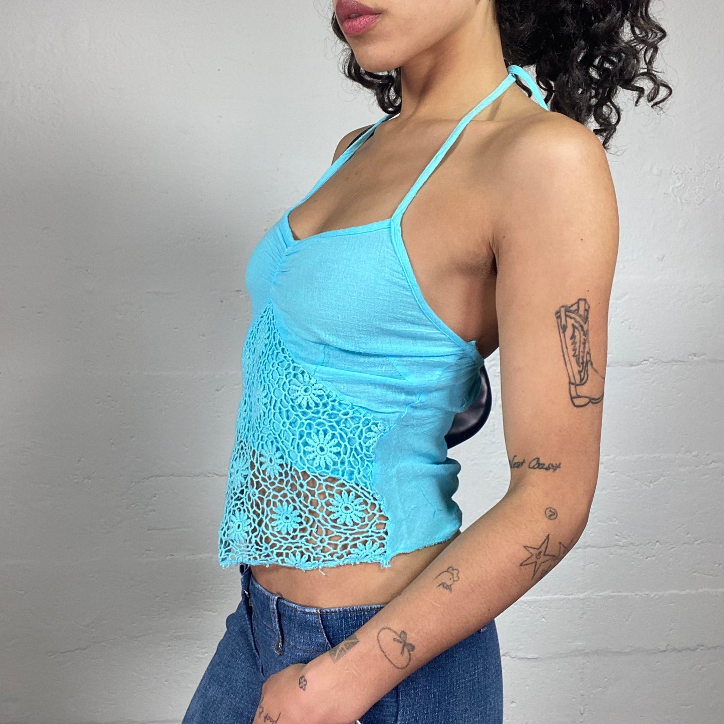 Vintage 2000's Summer Aquamarin Neckholder Top with Crochet Detail (S)