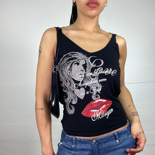 Vintage 2000's Morgan Y2K Clubwear Printed Black Joy Can Be Found Top with Red Accent and Open Back (S)