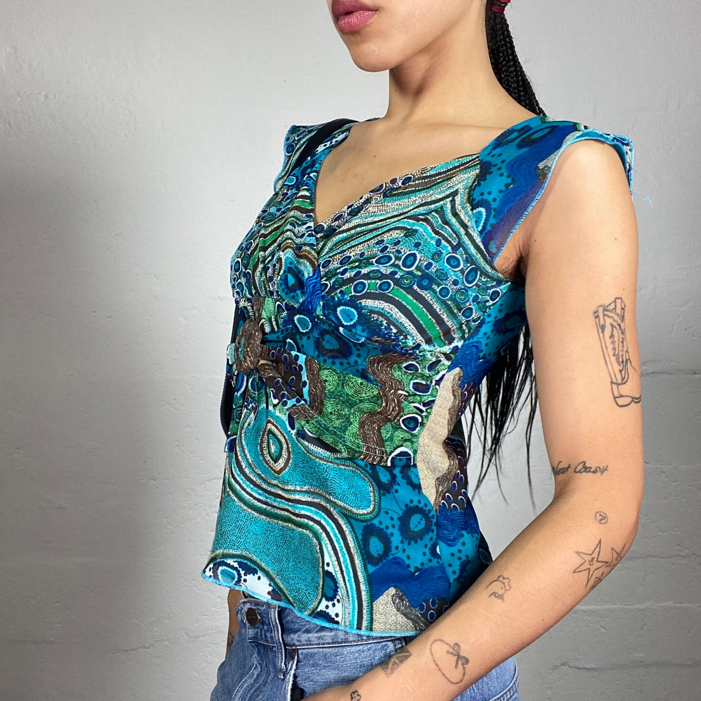 Vintage 2000's Casual Aquamarine Blue and Green Boho Print Chiffon Top with Metal Detail (M)