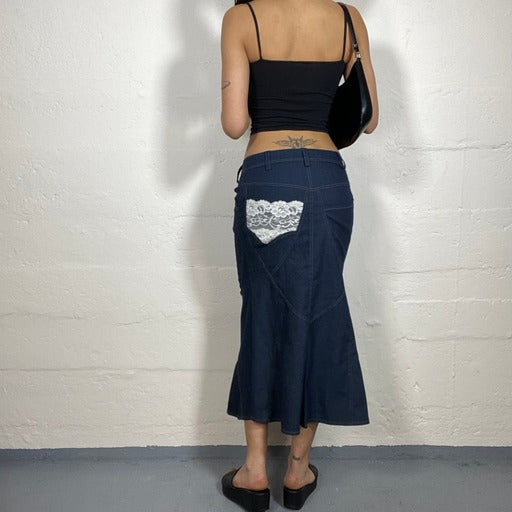 Vintage 90’s Soft Girl Blue Denim Maxi Skirt with White Lace Detail (42)