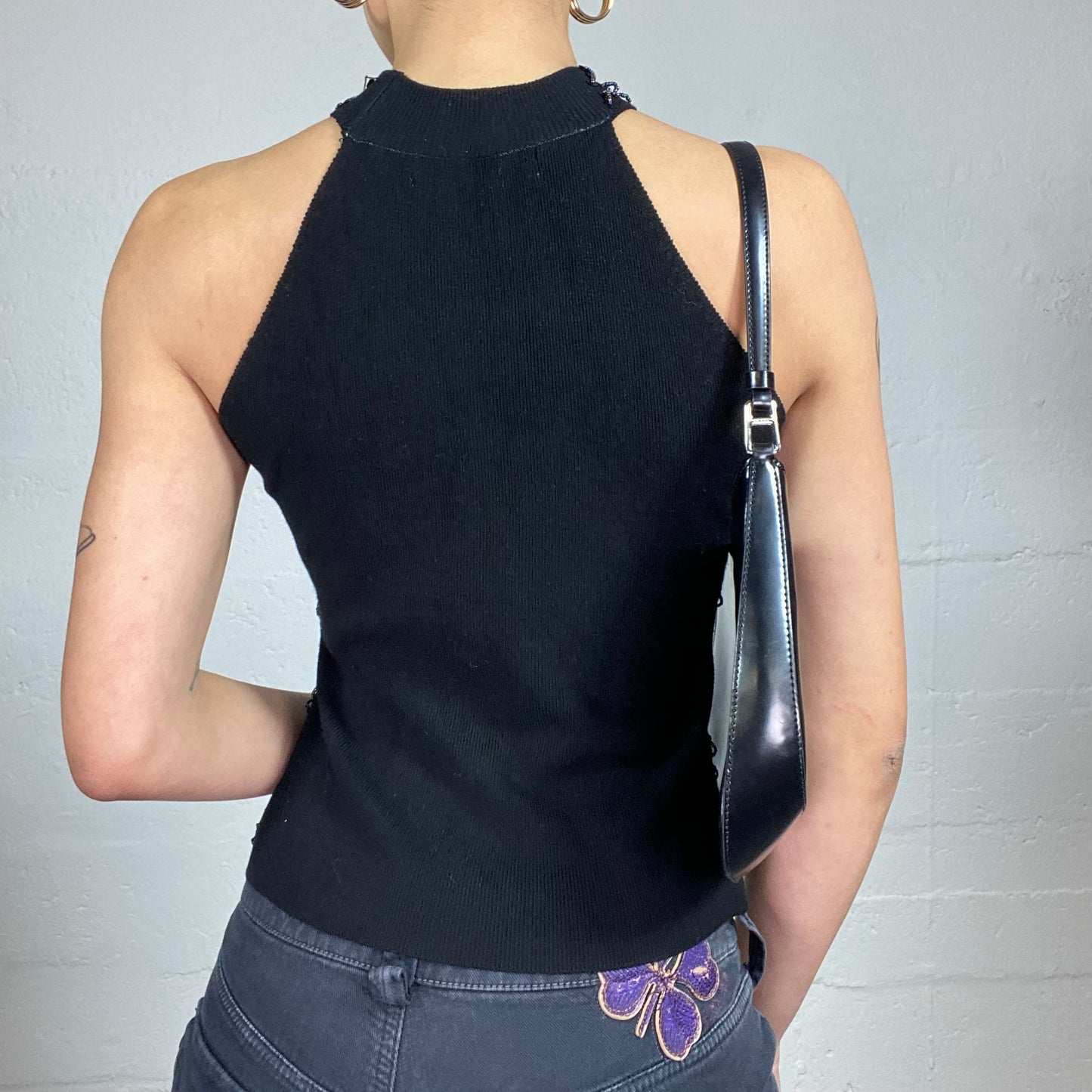 Vintage 2000's Chic Clubwear Black Neckholder Tank Top with Sequins Decorations (S)