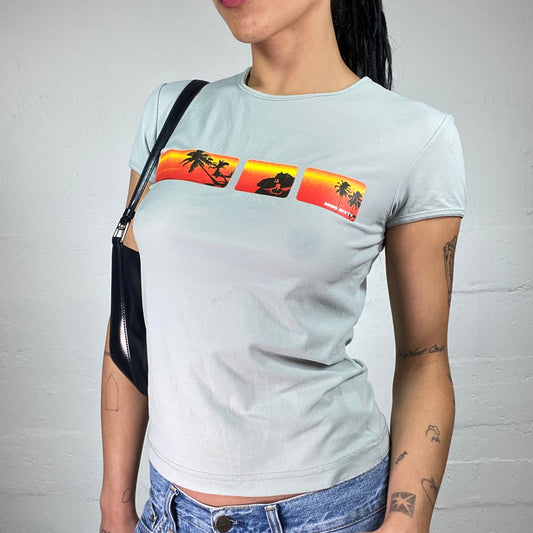 Vintage 2000's Miss Sixty Skater Girl Grey Baby Tee with Palm Sunset Print (XL)