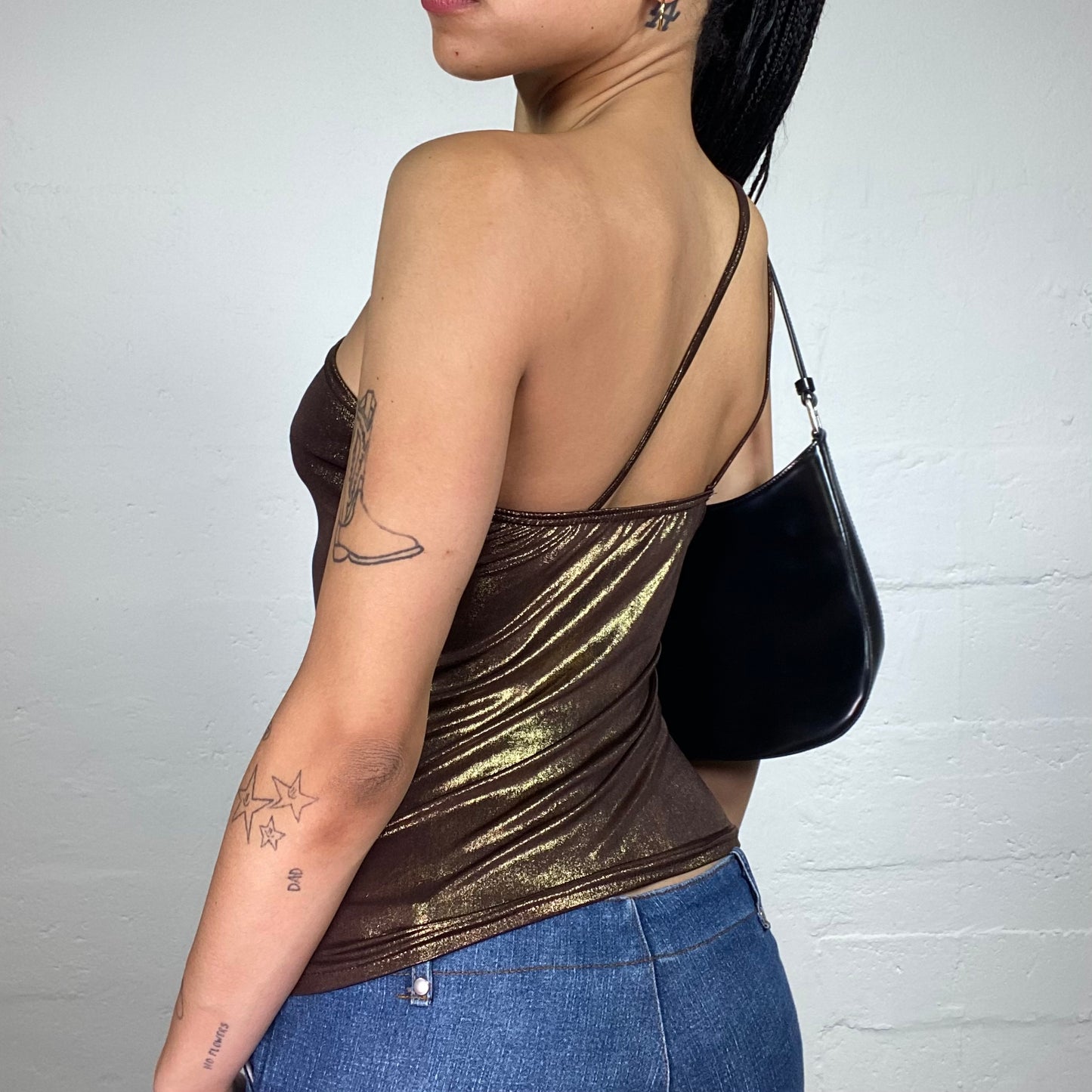 Vintage 2000's Glamorous Bronze Shiny One Shoulder Asymmetric Top with Shoulder Stripe Belt Detail (M)