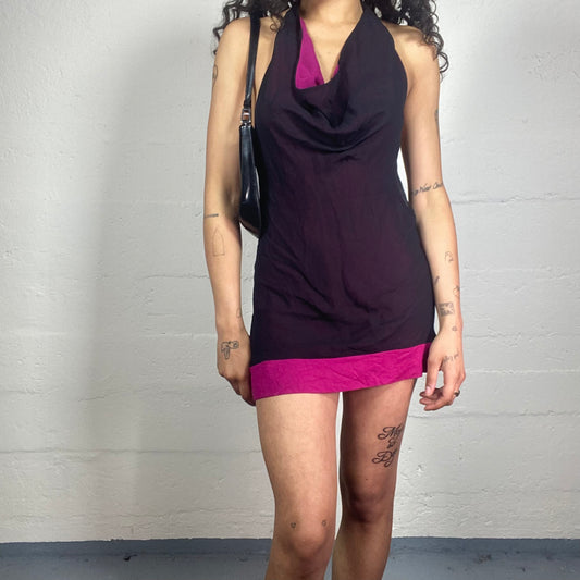 Vintage 2000's Guess Clubwear Dark Purple and Fuchsia Mini Dress with Neck Cut Draping (L)