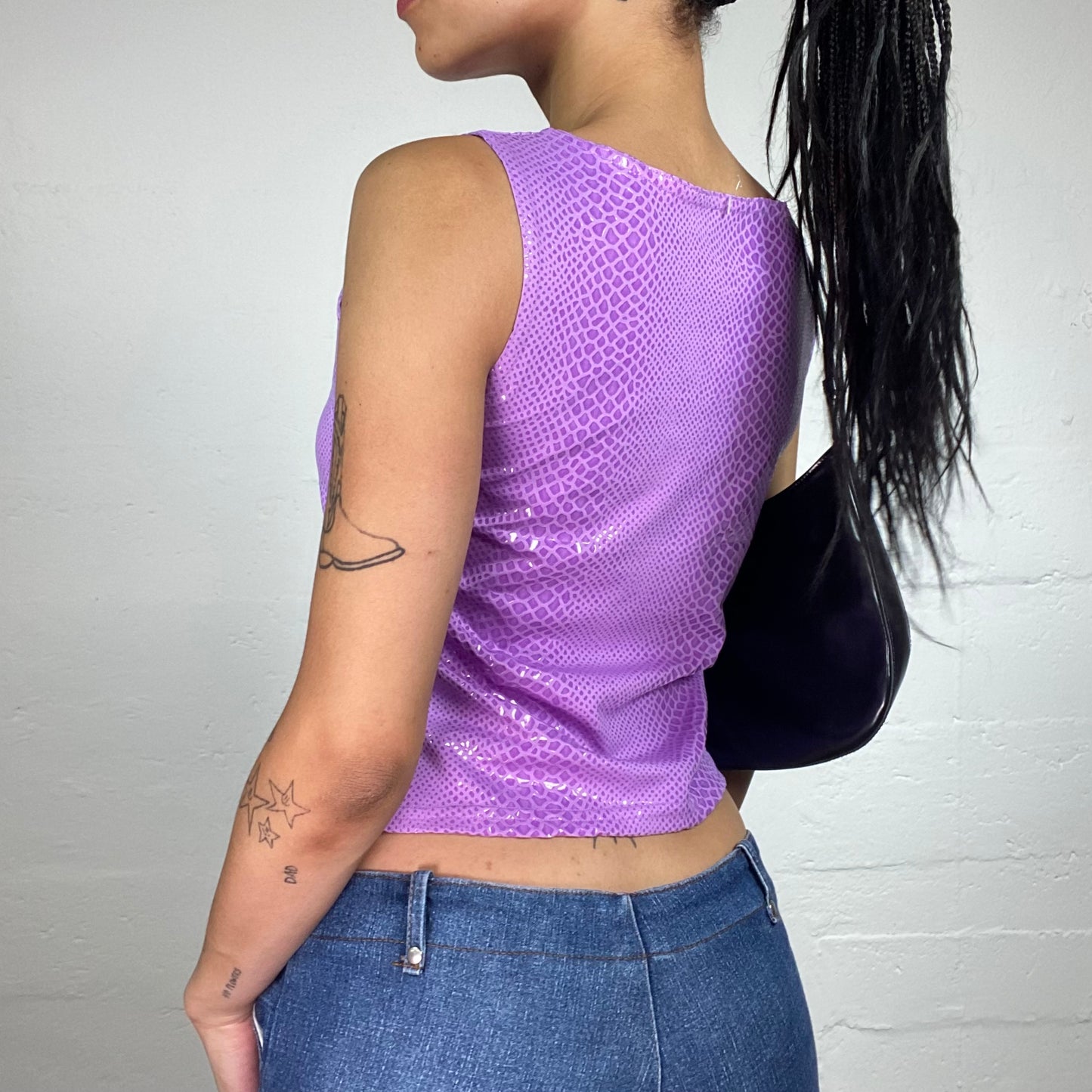 Vintage 2000's Casual Glam Purple Snake Skin Effect Glossy Tank Top (L)