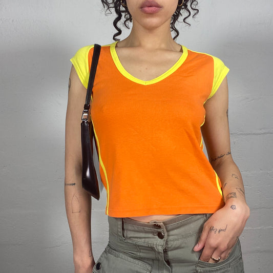 Vintage 2000's Sporty Summer Orange and Yellow Baby Tee with Side Stripes (S)