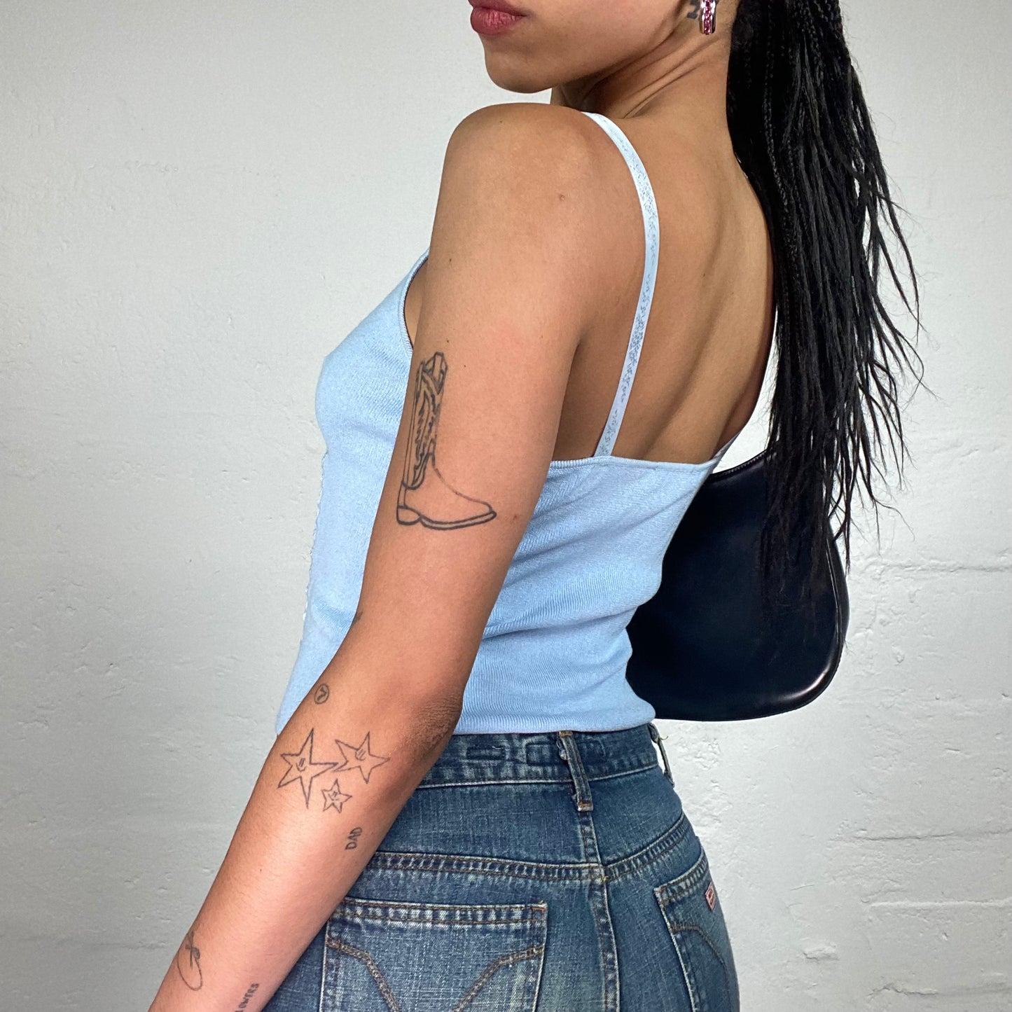 Vintage 2000's Soft Girl Baby Blue Jersey Cami Top with Floral Printed Stripes Details (S)