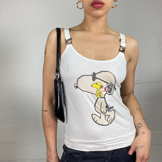 Vintage 2000's Fun White Summer Tank Top with Cartoon Print and Metal Details (L/XL)