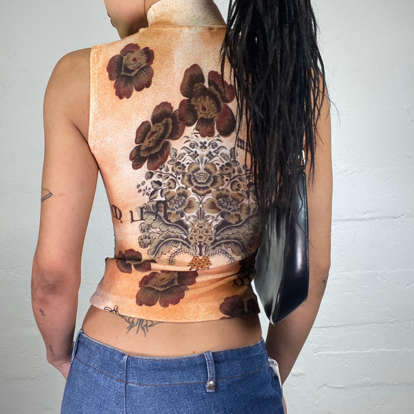 Vintage 2000's Romantic Brown and Orange Printed Turtleneck Sleeveless Top with Rhinestone Decor (M)