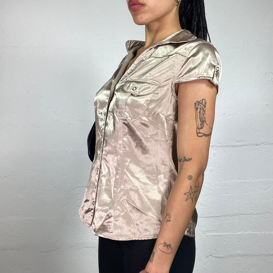 Vintage 2000's Office Girl Shiny Beige Satin Doll Cut Button Up Shirt (M)