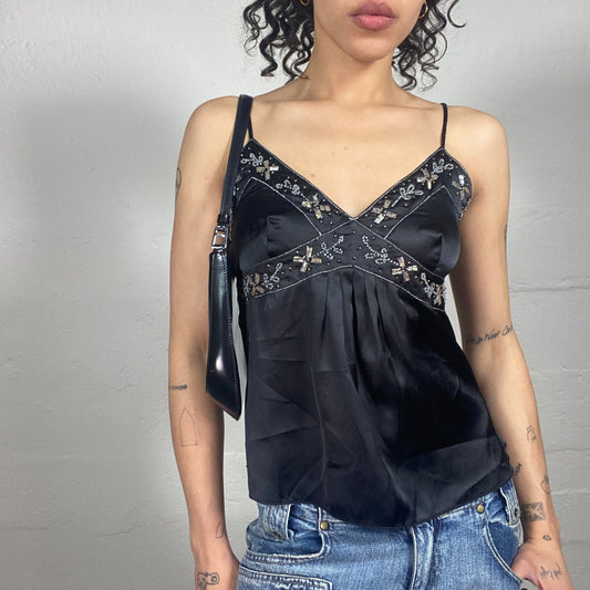Vintage 2000's Romantic Satin Black Cami Top with Floral Embroidery Decorated Bra (S)