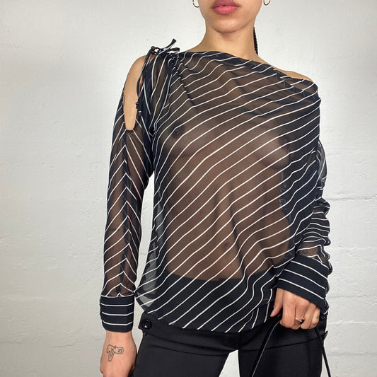 Vintage 2000's Office Girl Black Chiffon See Through White Stripes Shirt with Open Shoulders (L)