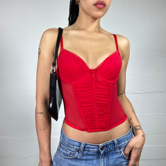 Vintage 2000's Femme Fatale Blood Red Mesh Ruffled Corset Cami Top (S)