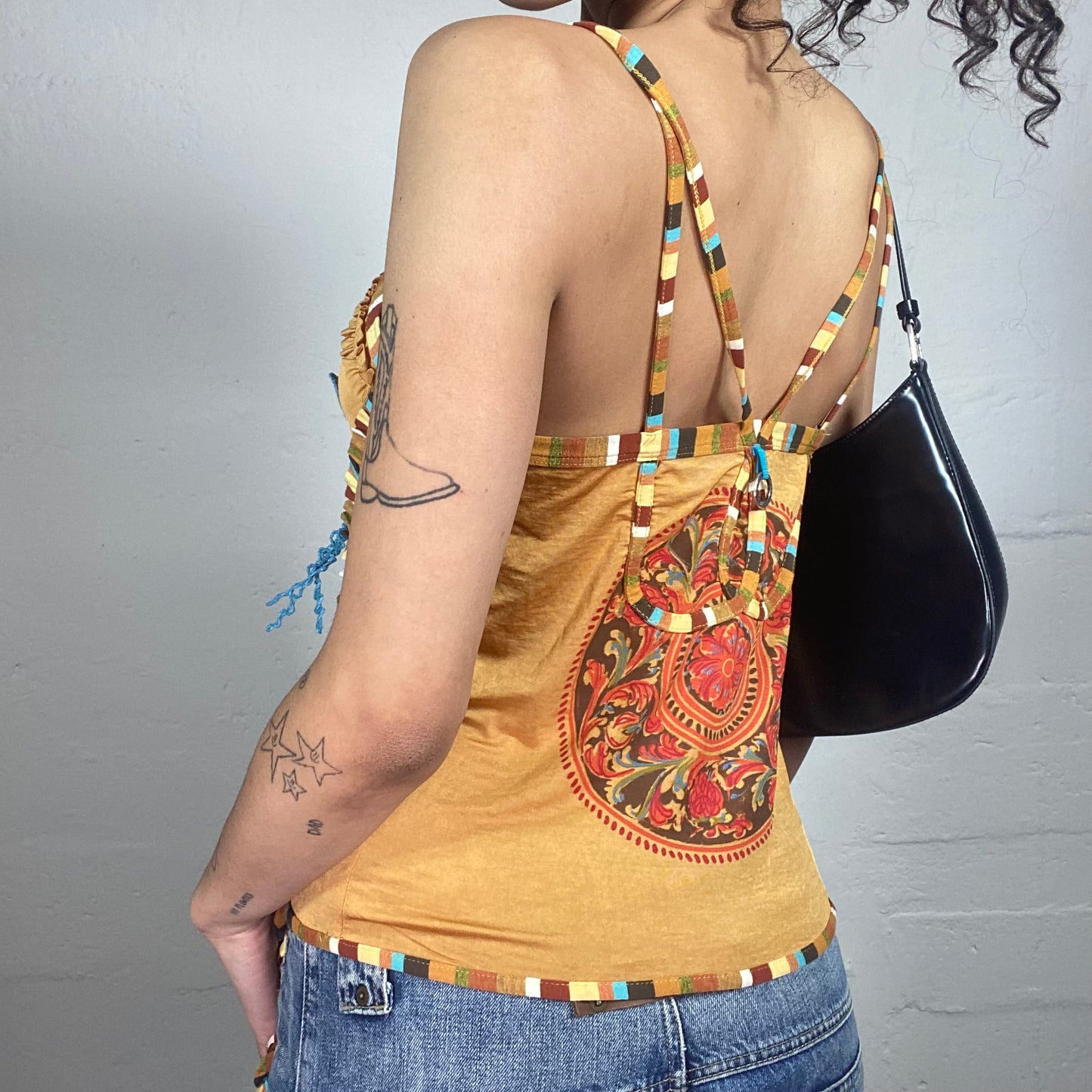 Vintage 2000's Save the queen Yellow Multiple Orange and Blue Embroidery Cami Top (L)