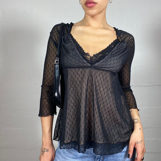 Vintage 2000's Romantic Black Dot Pattern Lace 3/4 Sleeve Top (S)