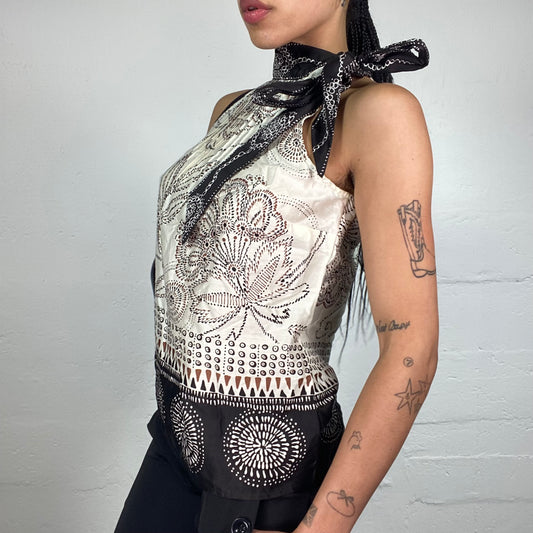 Vintage 2000's Summer Beige and Black Turtleneck Sleeves Top with Boho Style Print and Neck Ribbon (M)