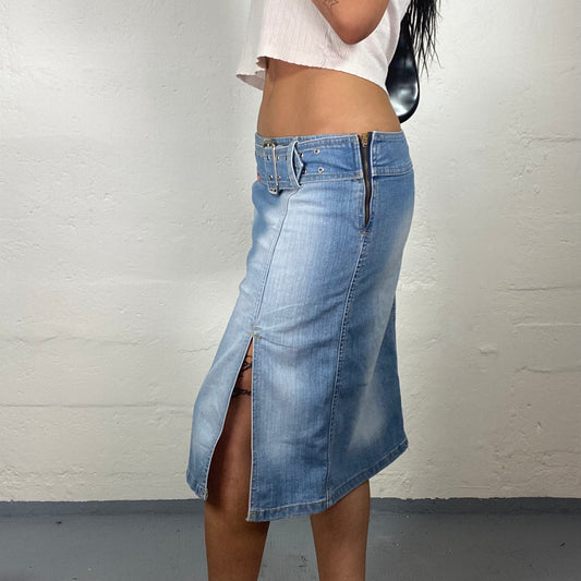 Vintage 2000’s Miss Sixty Downtown Girl Knee Length Slim Fit Light Denim Wash Outs Belted Skirt (M)