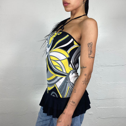 Vintage 2000's Summer Date Black and Yellow Geometric Abstract Print Neckholder Top with Ruffled Skirt Detail (S)