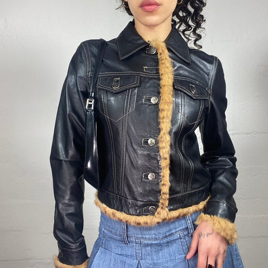 Vintage 2000's Downtown Girl Glossy Black Leather Jacket with Fur Details (M)