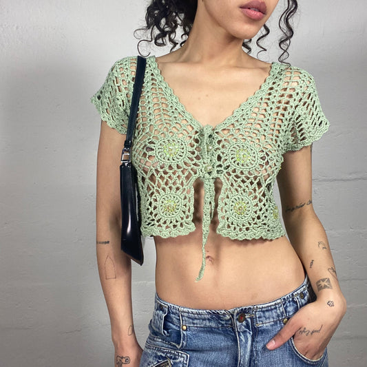 Vintage 2000's Boho Green Crochet Bolero Cropped Top (S)