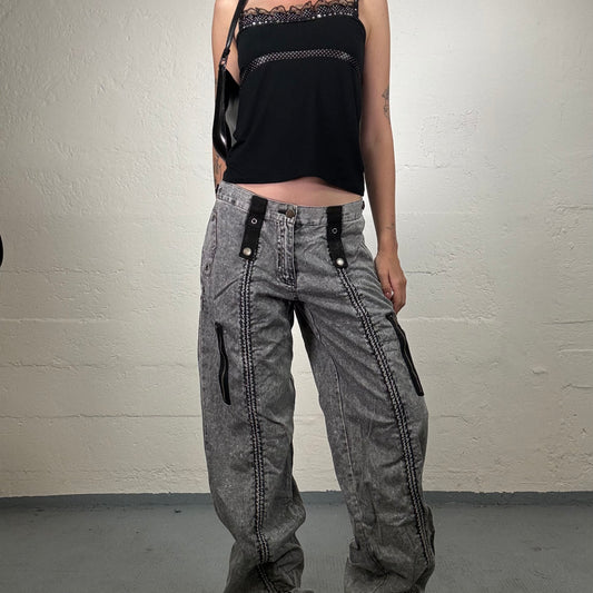 Vintage 2000's Grunge Grey Cargo Pants with Scrunch Front Seam and Black Strap Details (L)
