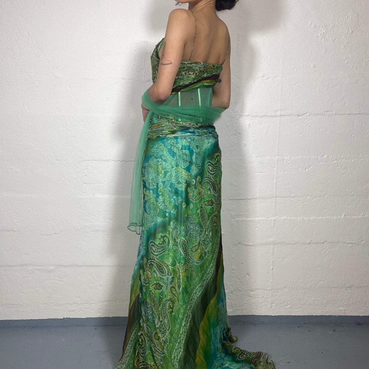 Vintage 2000's Princess Style Maxi Green Printed Silky Shiffon Cami Dress with Sequins Decorations (M)