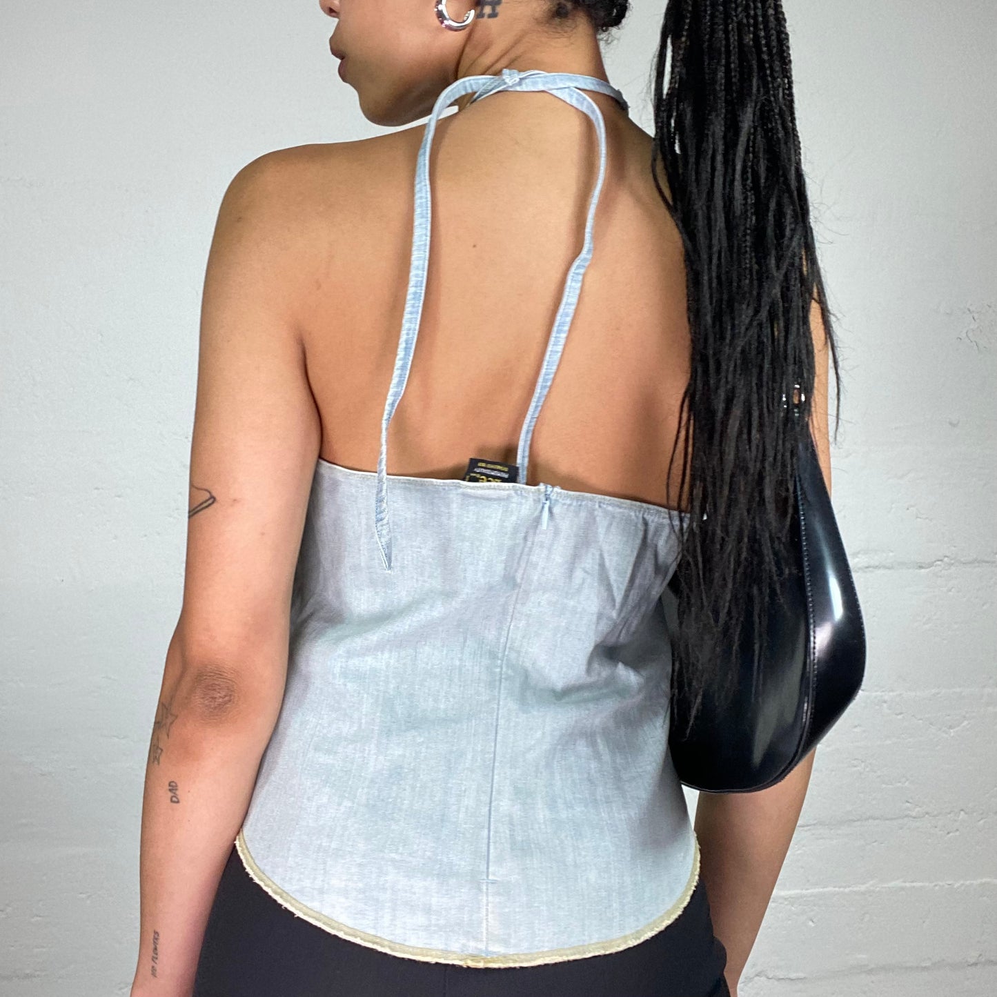Vintage 2000's Downtown Girl Light Blue Washed Out Denim Neckholder Top (L)