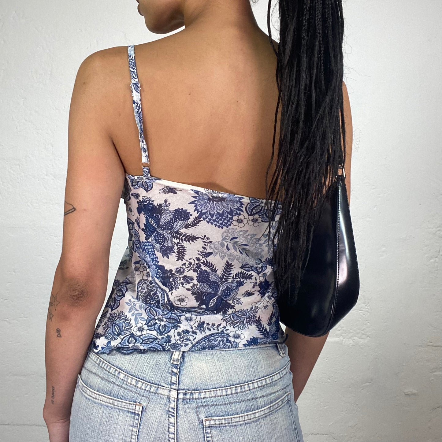 Vintage 2000’s Cute Romantic White Camisole Top with Blue Boho Style Print (M)