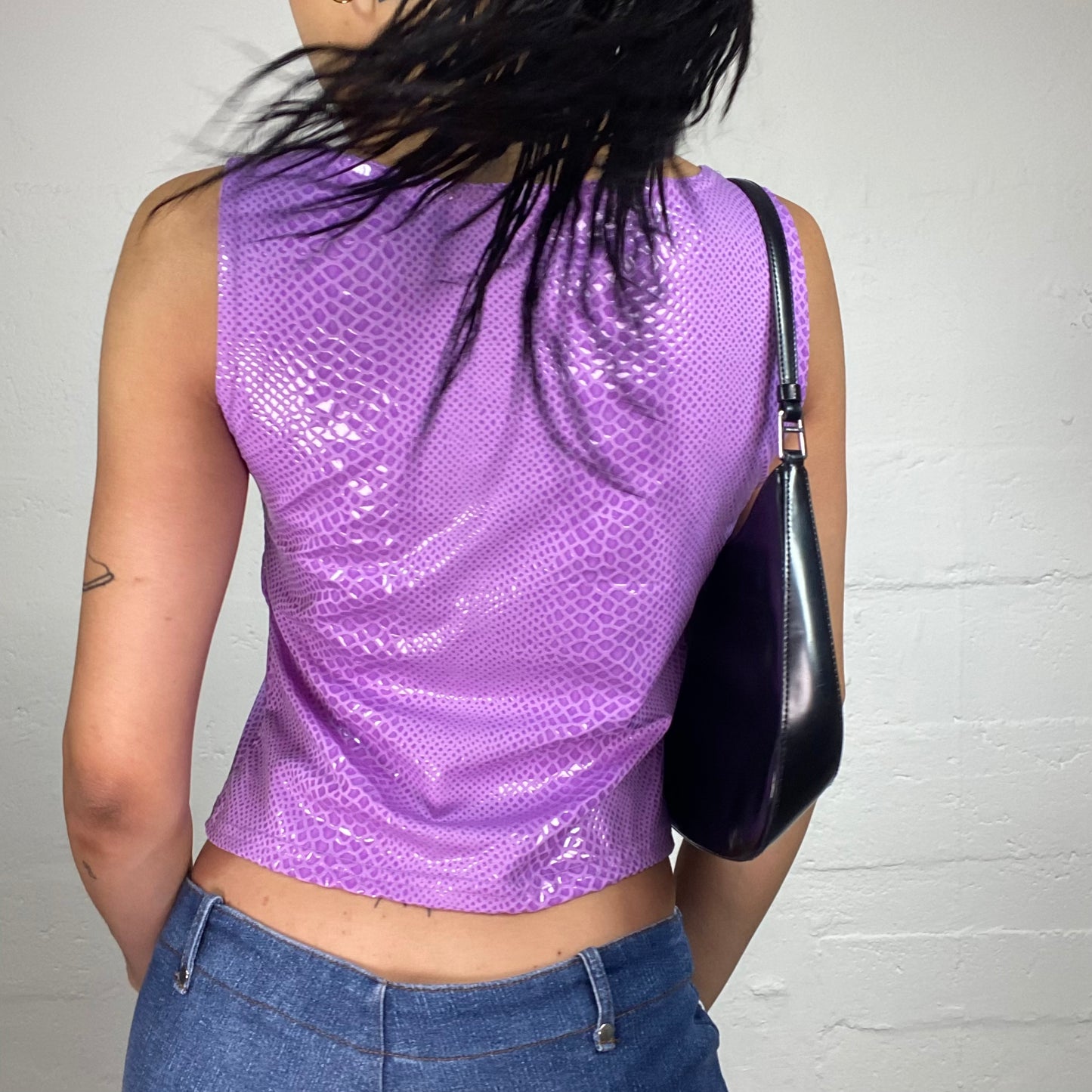 Vintage 2000's Casual Glam Purple Snake Skin Effect Glossy Tank Top (L)