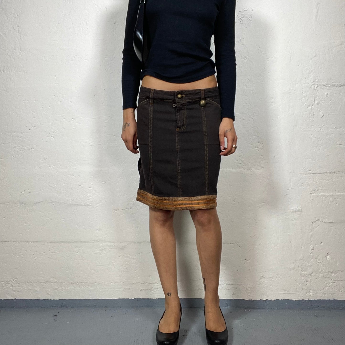Vintage 2000's Boho Office Girl Brown Denim Slim Fit Skirt with Fury Trim (M)