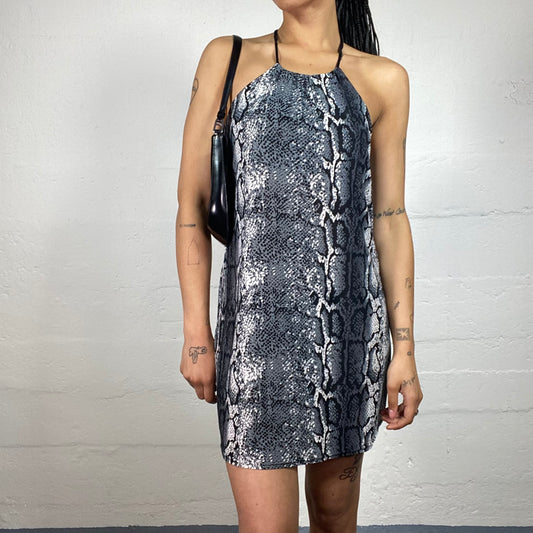 Vintage 2000's Glamorous Grey Toned Snake Skin Effect Printed Mini Neckholder Dress (S)