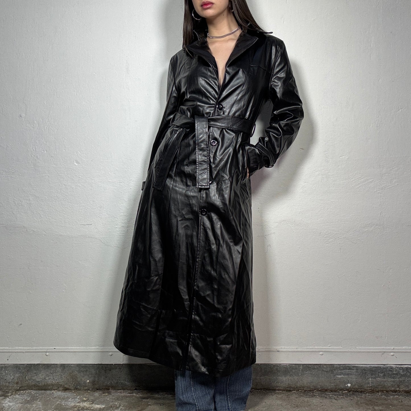 Vintage 90’s Black Matrix Style Leather Effect Long Coat  (S)
