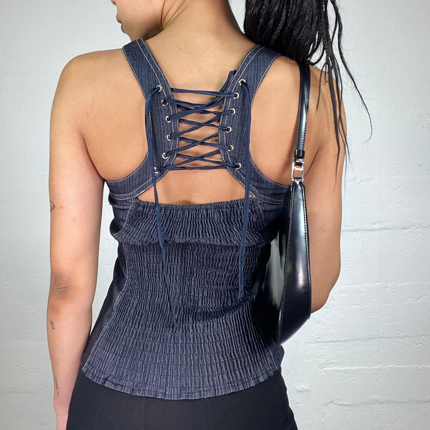 Vintage 2000's Downtown Girl Navy Blue Denim Effect Laced Up Top with White Seaming (S)