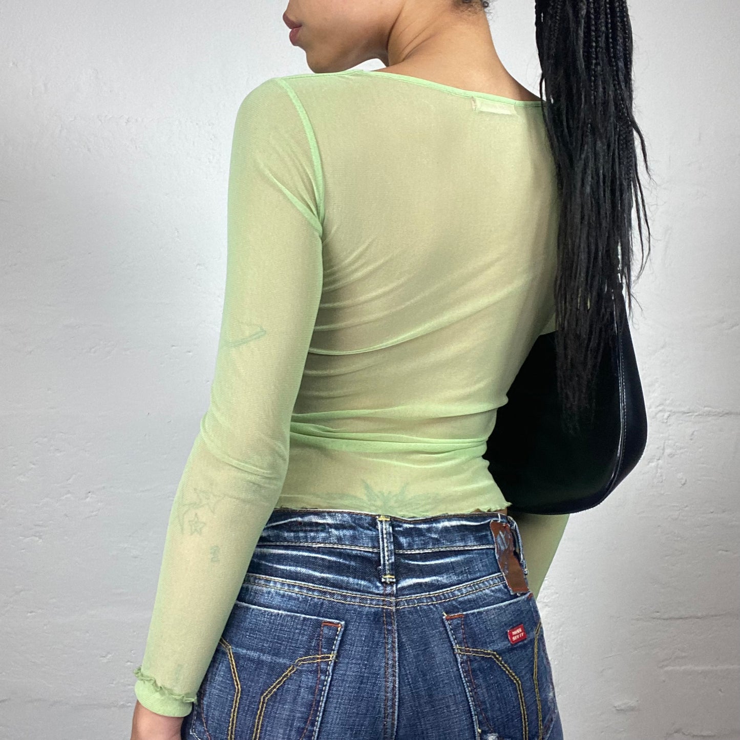 Vintage 2000's Downtown Girl Lime Green Mesh See Through Classic Longsleeve Top (S)