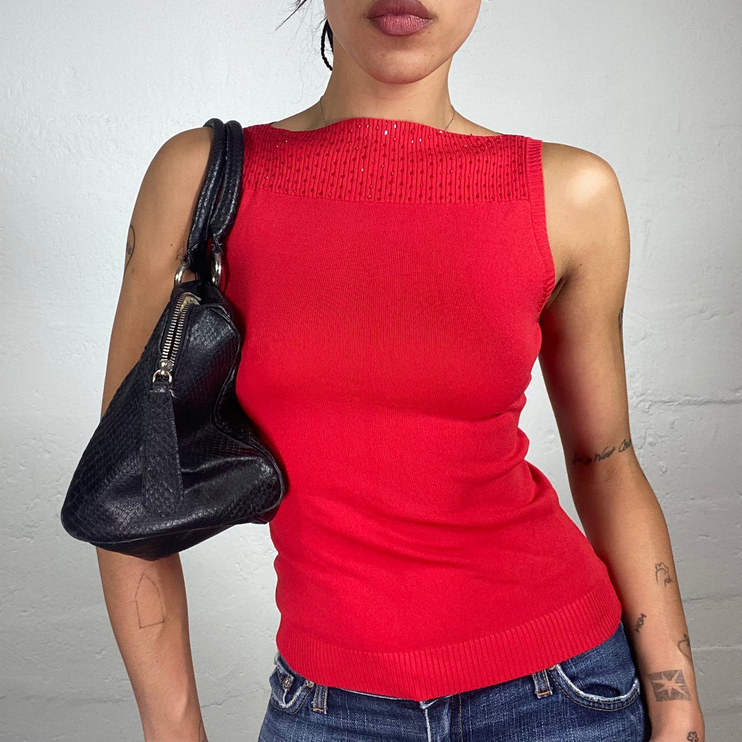 Vintage 2000's Chic Girl Intense Red Jersey Tank Top with Sequin Embroidery (S)