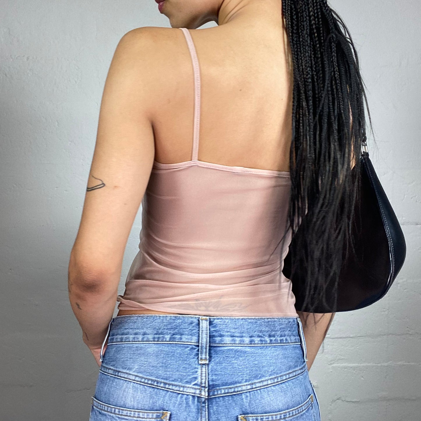 Vintage 2000's Soft Girl Baby Pink See Through Mesh Cami Top with Floral Embroidery (S)