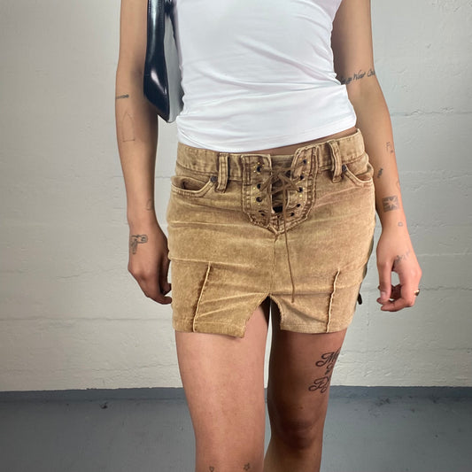 Vintage 2000's Summer Date Sand Colour Denim Mini Laced Up Skirt (M)