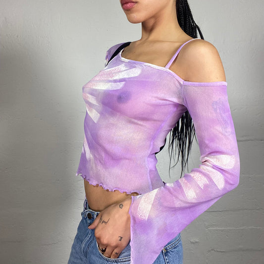 Vintage 2000's Romantic Purple Mesh See Through Flare Sleeves One Shoulder White Faded Print Top (S)