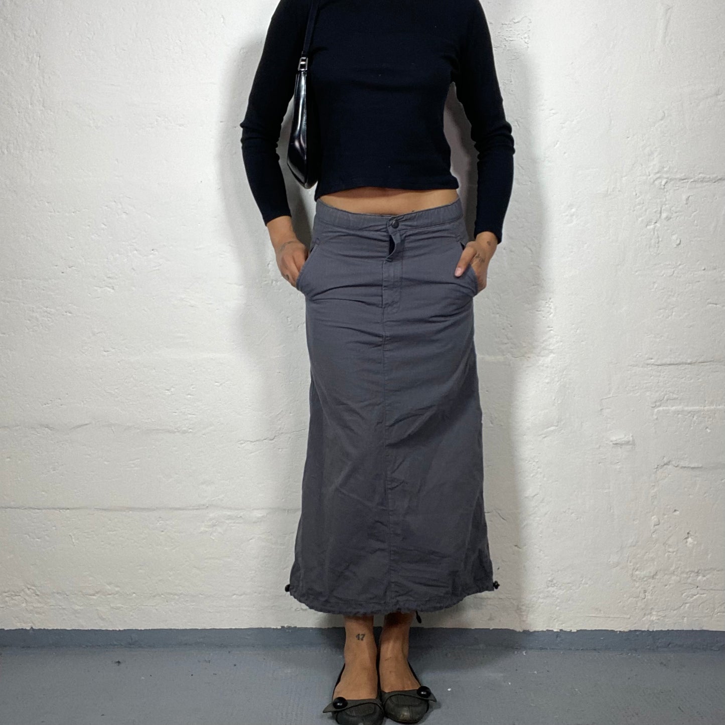 Vintage 2000's Skater Girl Grey Sporty Maxi Skirt with Rubber Bottom (S)