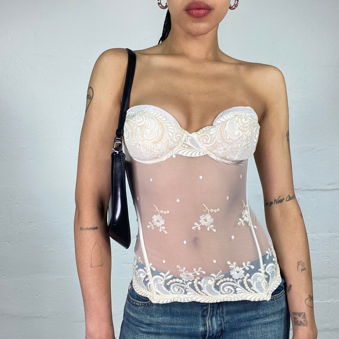 Vintage 2000's Soft Girl Bridal Look White Mesh See Through Corset with Floral Embroidery (S)