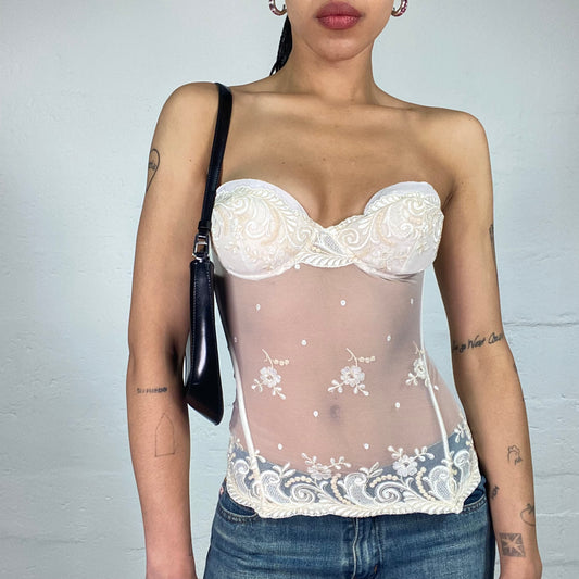 Vintage 2000's Soft Girl Bridal Look White Mesh See Through Corset with Floral Embroidery (S)