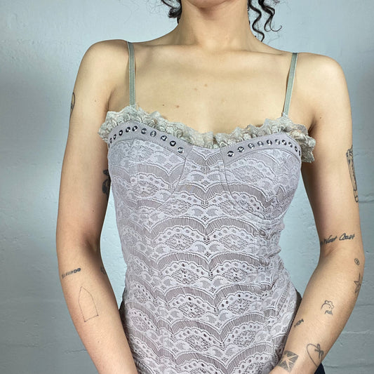 Vintage 2000's Morgan Coquette Beige Lace Printed Cami Corset with Ruffled Lace Trim (S)